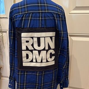 Upcycled Flannel STYLUS Blue Plaid Shirt with RUN DMC Graphic